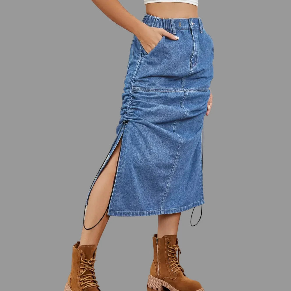 Elastic Waist Drawstring Denim Midi Skirt - S / Blue - Skirts