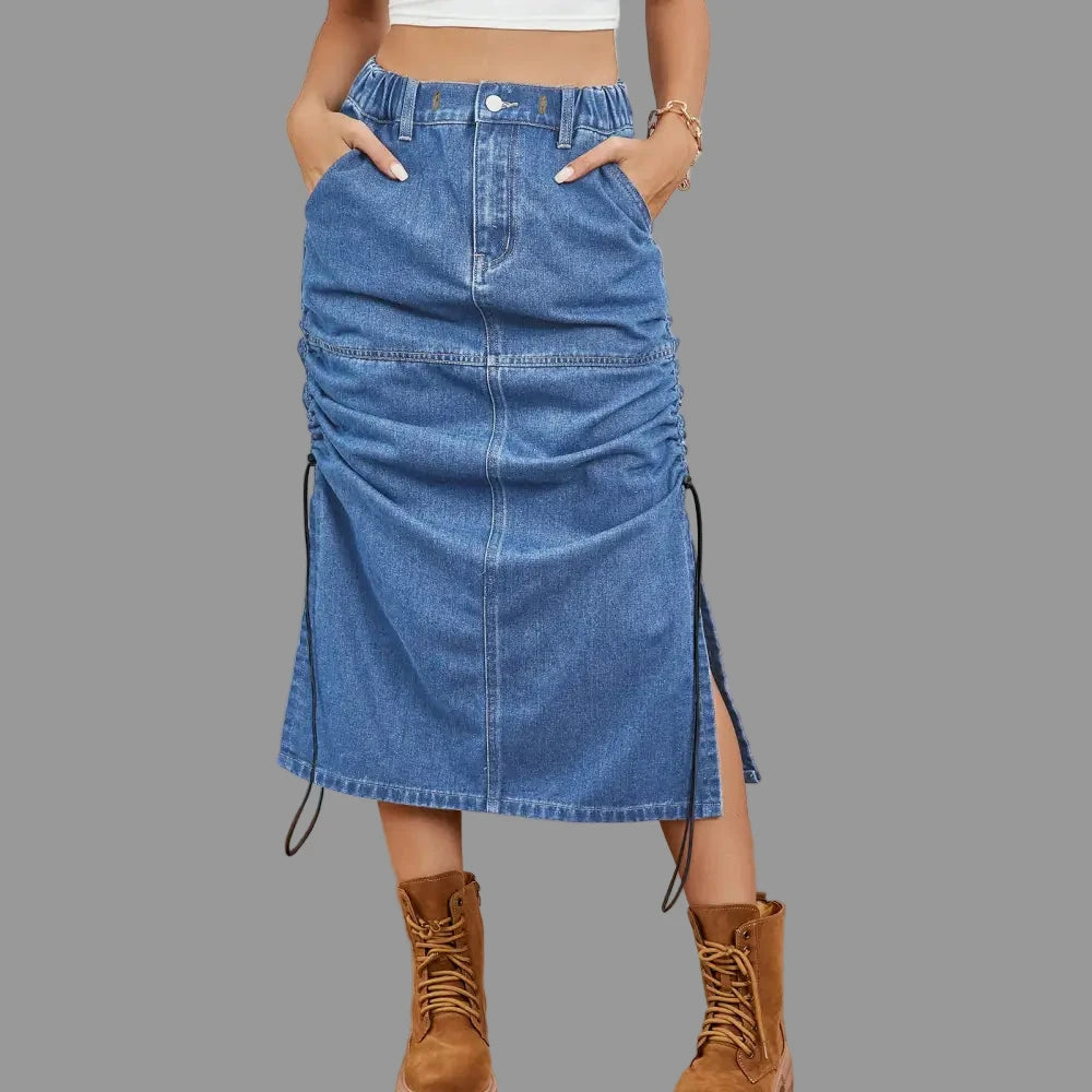 Elastic Waist Drawstring Denim Midi Skirt - Skirts