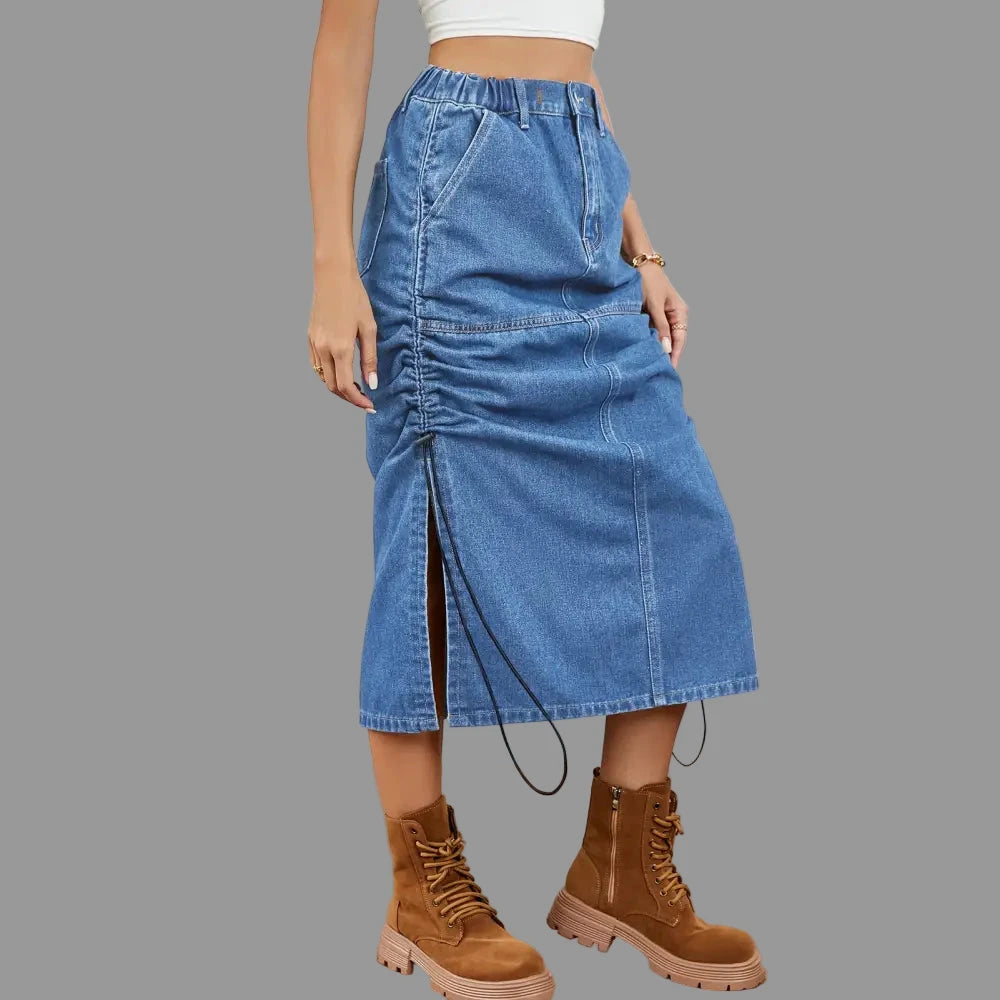 Elastic Waist Drawstring Denim Midi Skirt - Skirts