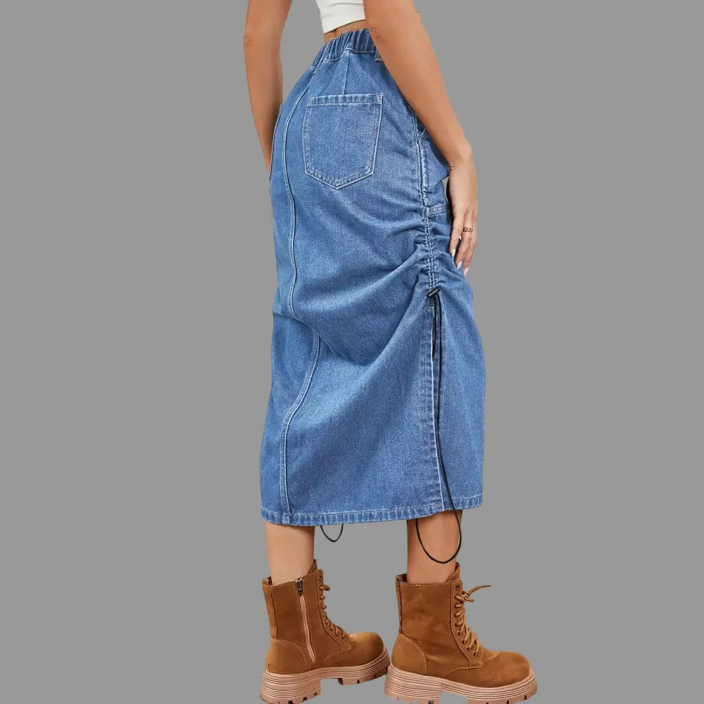 Elastic Waist Drawstring Denim Midi Skirt - Skirts