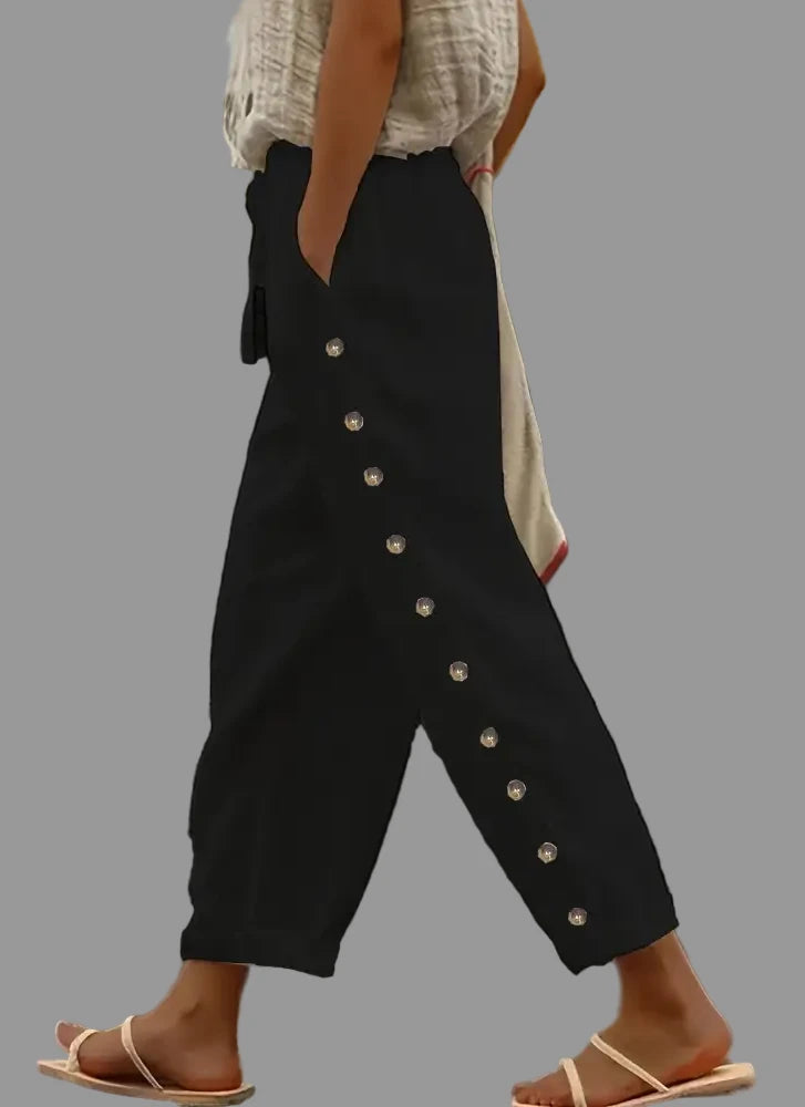 Elastic Waist Loose Button Side Casual Cropped Pants - S / Black
