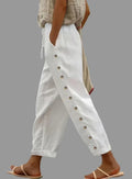 Elastic Waist Loose Button Side Casual Cropped Pants - S / White