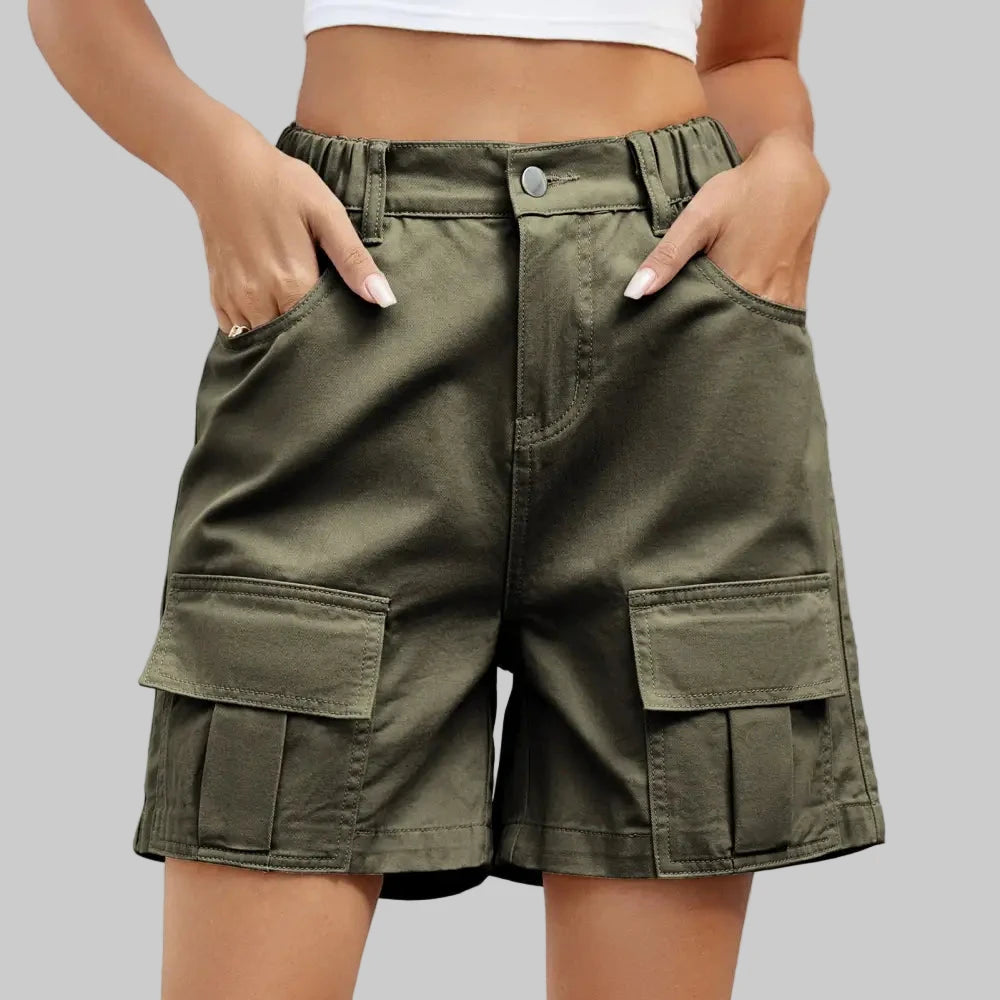 Elastic Waist Tooling Casual Denim Shorts - S / Army Green