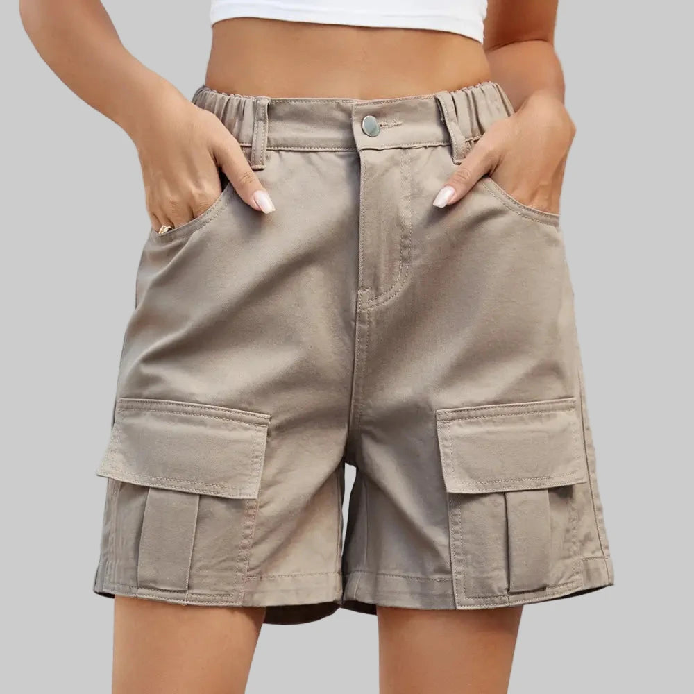 Elastic Waist Tooling Casual Denim Shorts - S / Khaki