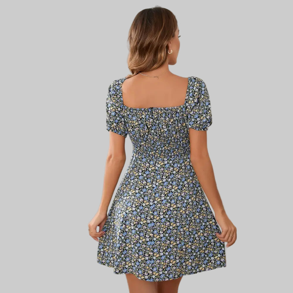 Elegant Printed Square Collar Single-Breasted Dress - Dresses