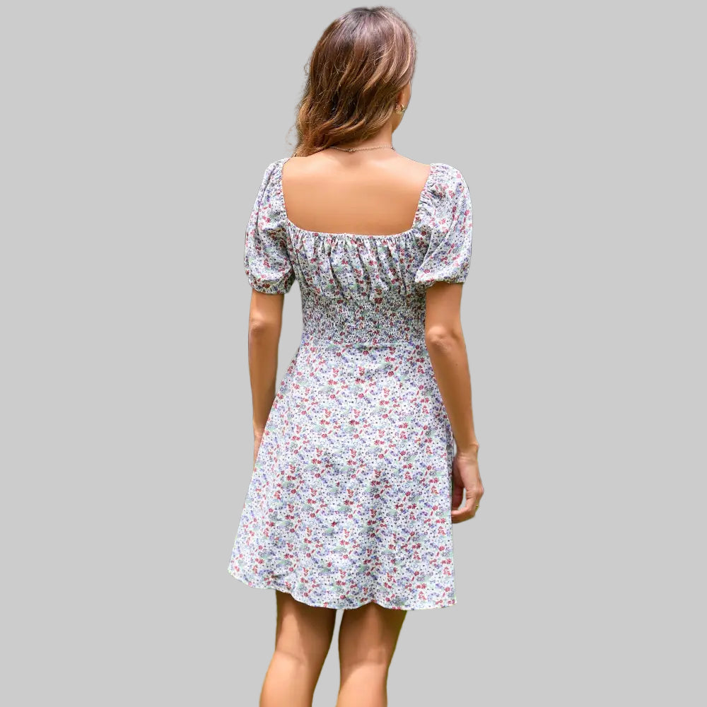 Elegant Printed Square Collar Single-Breasted Dress - Dresses