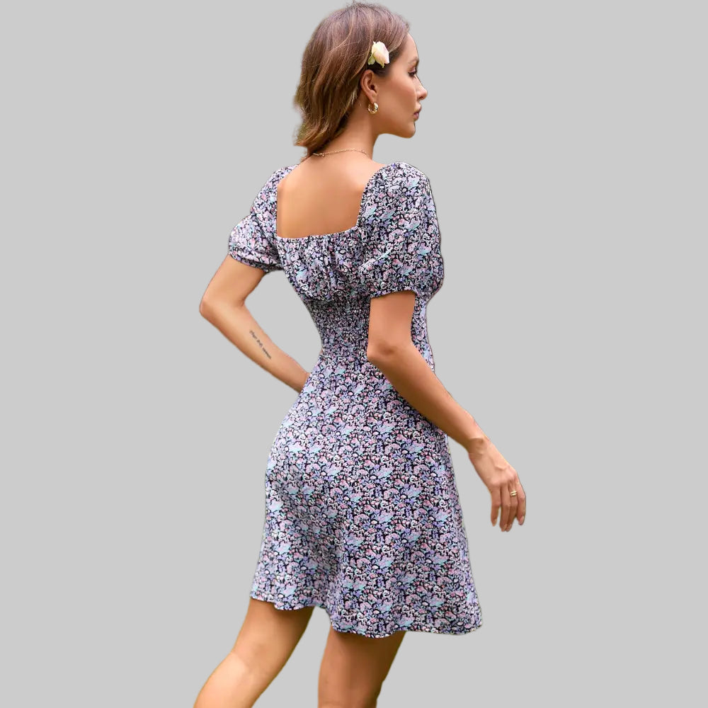 Elegant Printed Square Collar Single-Breasted Dress - Dresses