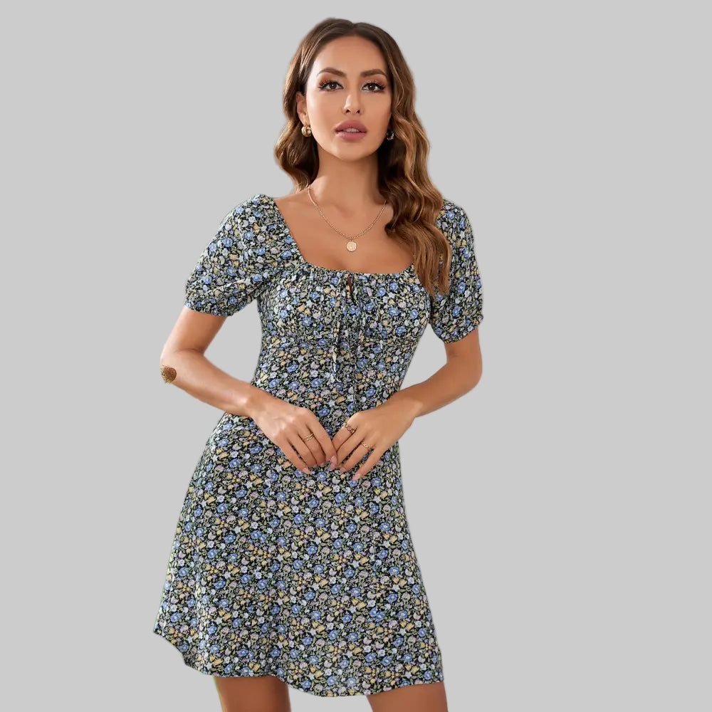 Elegant Printed Square Collar Single-Breasted Dress - S / Blue - Dresses