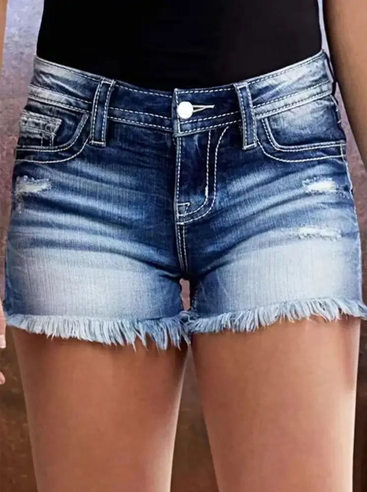 Embroidered Frayed Denim Shorts - S / Blue