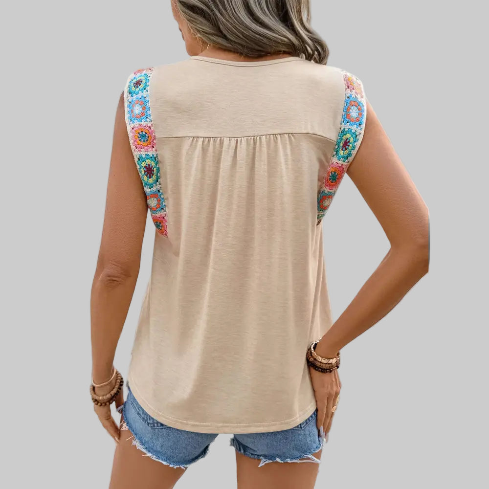 Ethnic Neck Ribbon Stitching T-shirt - Shirts & Blouses