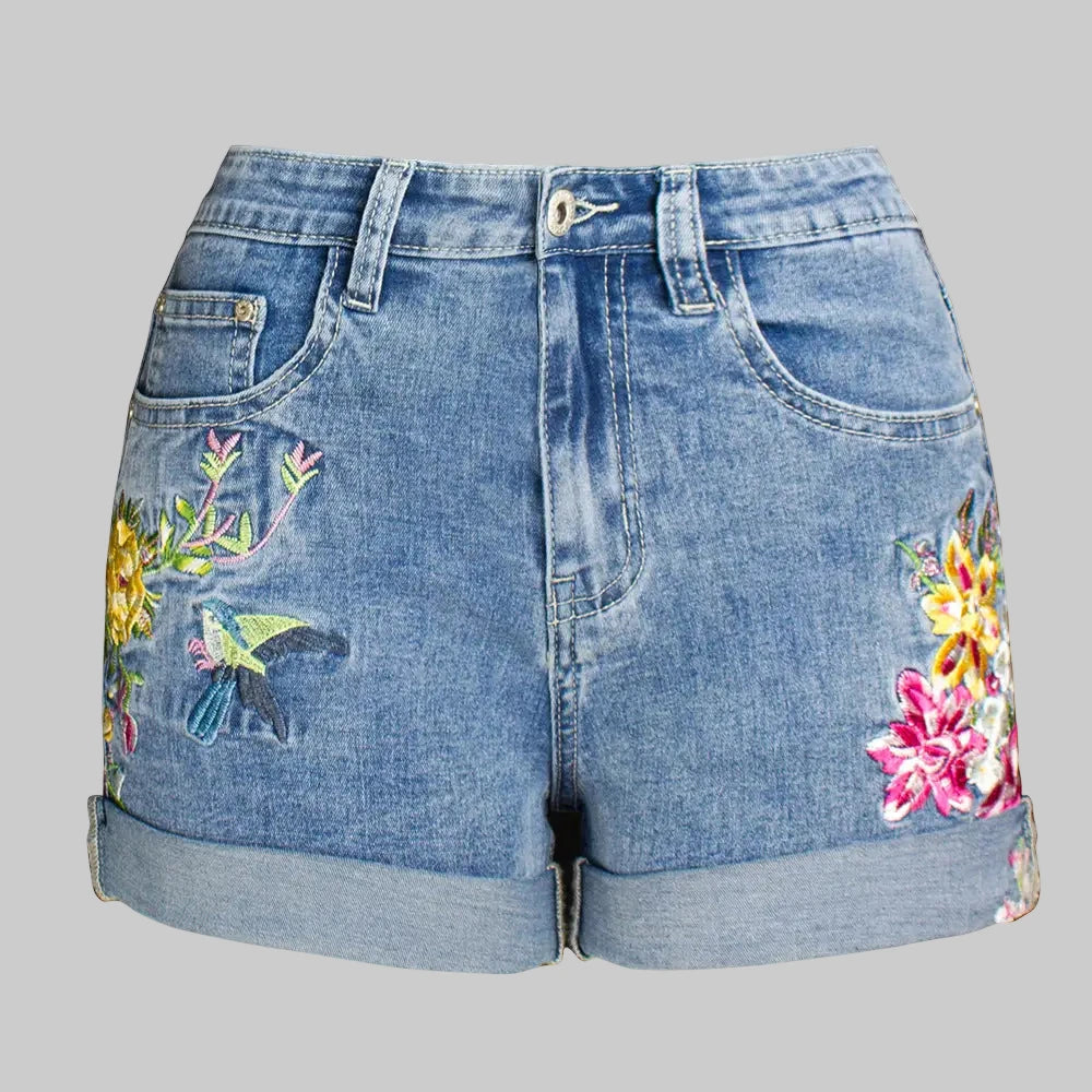 Exquisite Embroidered Floral Denim Shorts - S / light blue