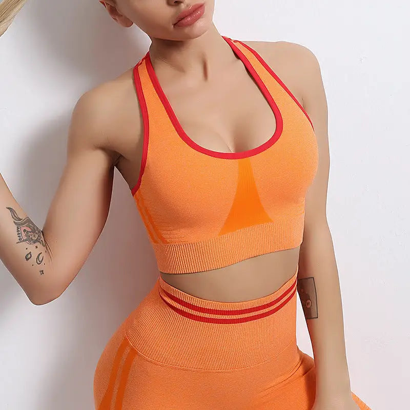 Fitness High Waist Yoga Sports Suit - S / Orange Bra - Activewear