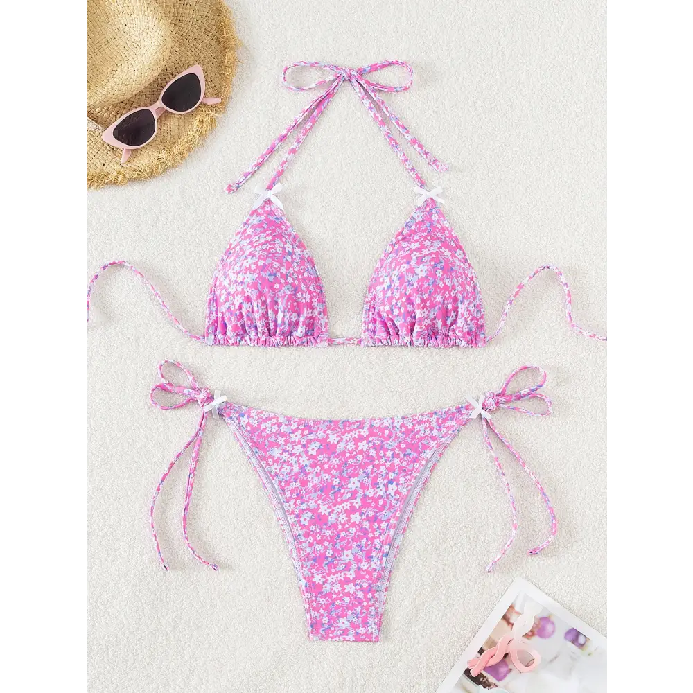 Floral Bow Lace-up Sexy Bikini - S / Purple - Bikinis