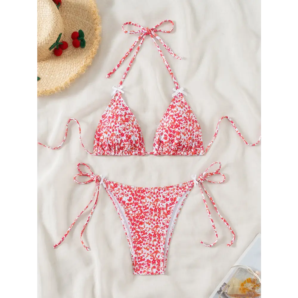 Floral Bow Lace-up Sexy Bikini - S / Red - Bikinis