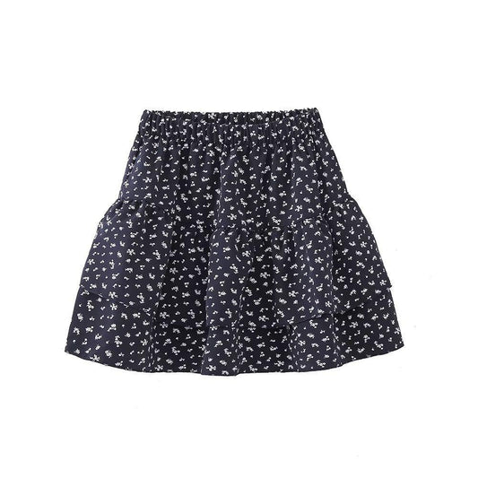 Elegant floral pattern skirt, polyester, high-rise, short length, A-line, tiered, summer style.