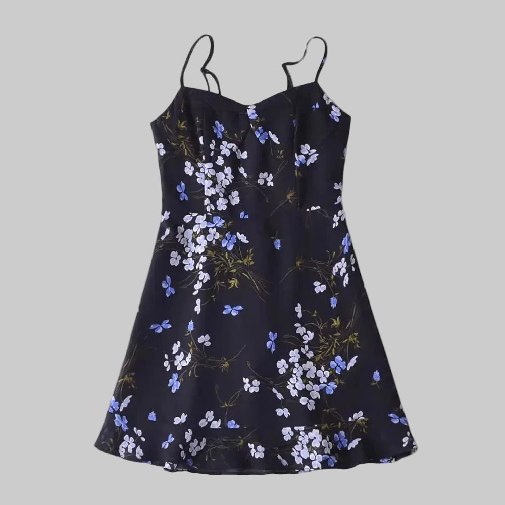 Floral Print Slim Sexy Ruffled Spaghetti Straps Dress - S / Blue - Dresses