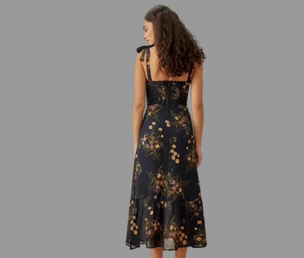 Floral Shoulder Strap Midi Dress - Dresses
