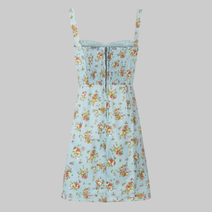 French Floral Back Pleated Zipper Dress - Dresses