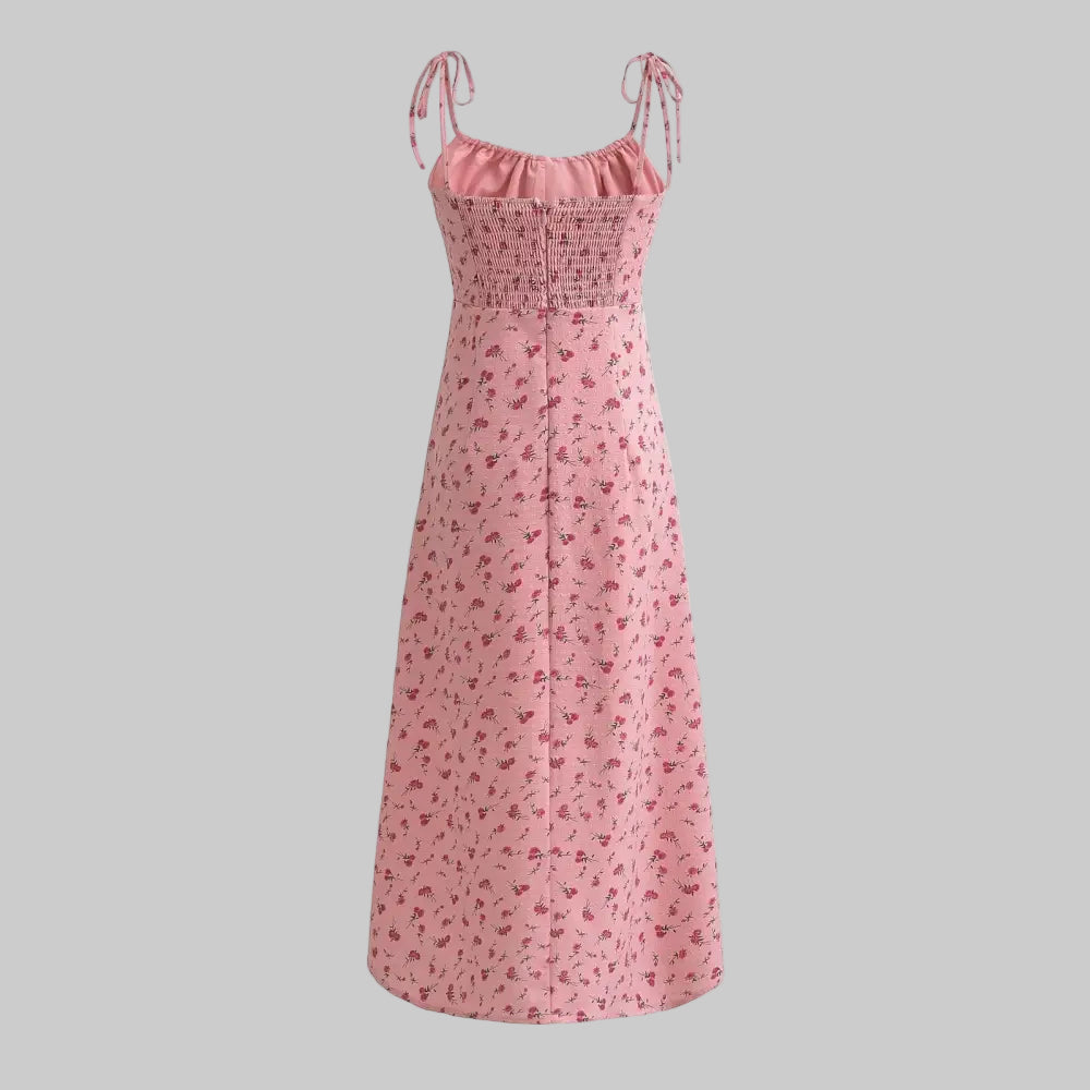 French Floral Shoulder Lace-up Midi Dress - Dresses