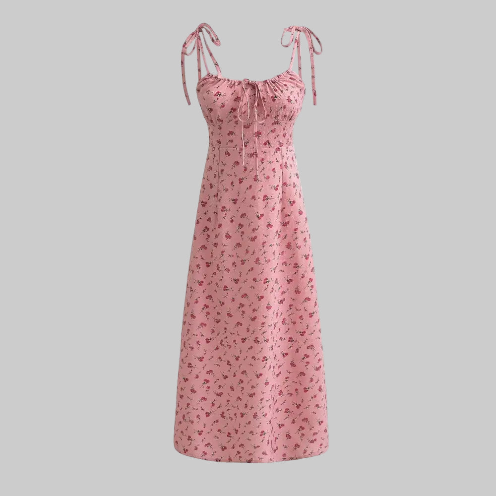French Floral Shoulder Lace-up Midi Dress - S / Pink - Dresses