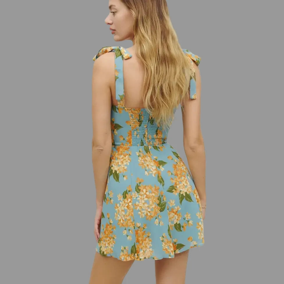 French Retro Printed Waist-Controlled Short Dress - Dresses