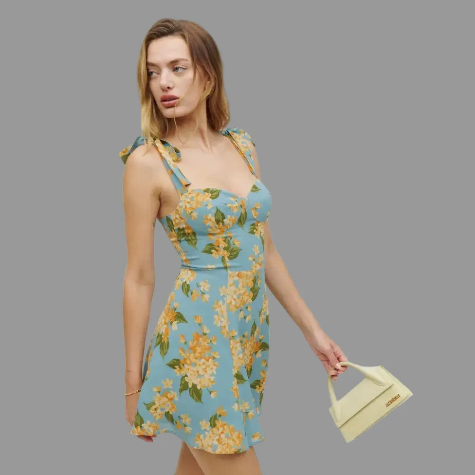 French Retro Printed Waist-Controlled Short Dress - Dresses