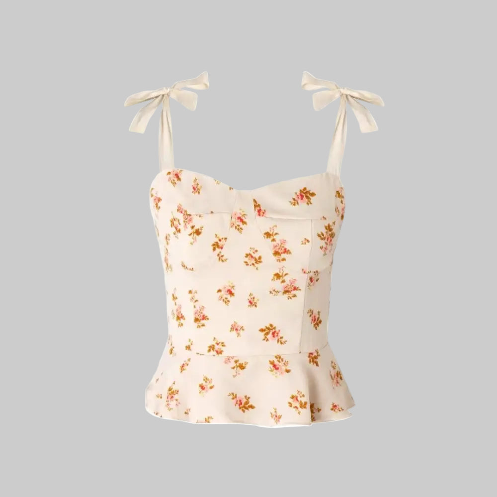 French Sexy Beige Floral White Strap Zipper Slim Fit Top - S / pattern over beige background - Tank Tops & Camis