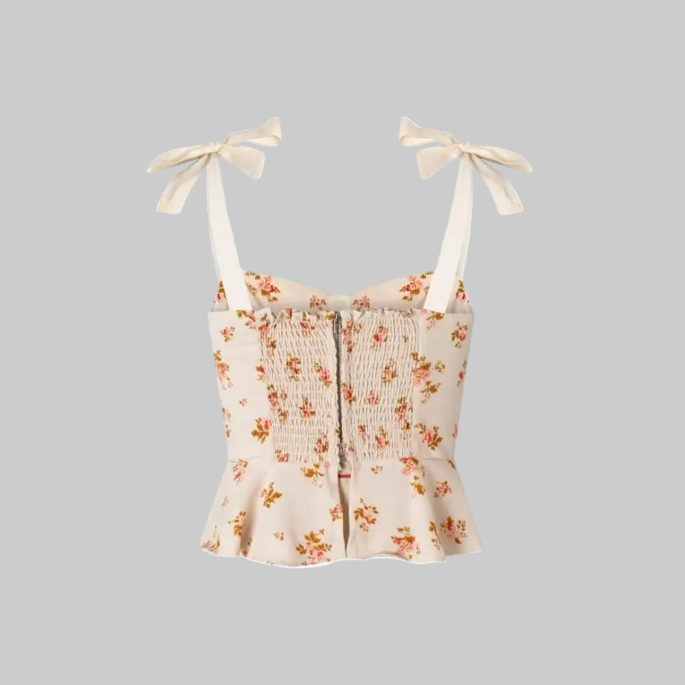 French Sexy Beige Floral White Strap Zipper Slim Fit Top - Tank Tops & Camis