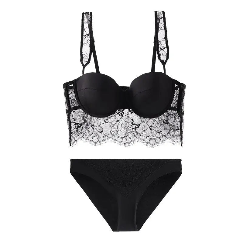 French Sexy Lace Push-up Bra Set - 70B / Black - Panty Sets