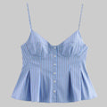 French Sweet Spicy Small Pleated Poplin Striped Spaghetti Straps Top - XS / Sky Blue - Tank Tops & Camis
