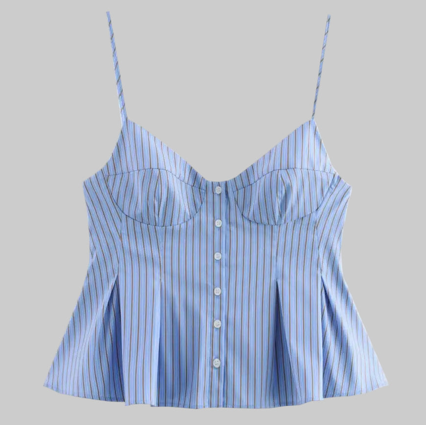 French Sweet Spicy Small Pleated Poplin Striped Spaghetti Straps Top - XS / Sky Blue - Tank Tops & Camis