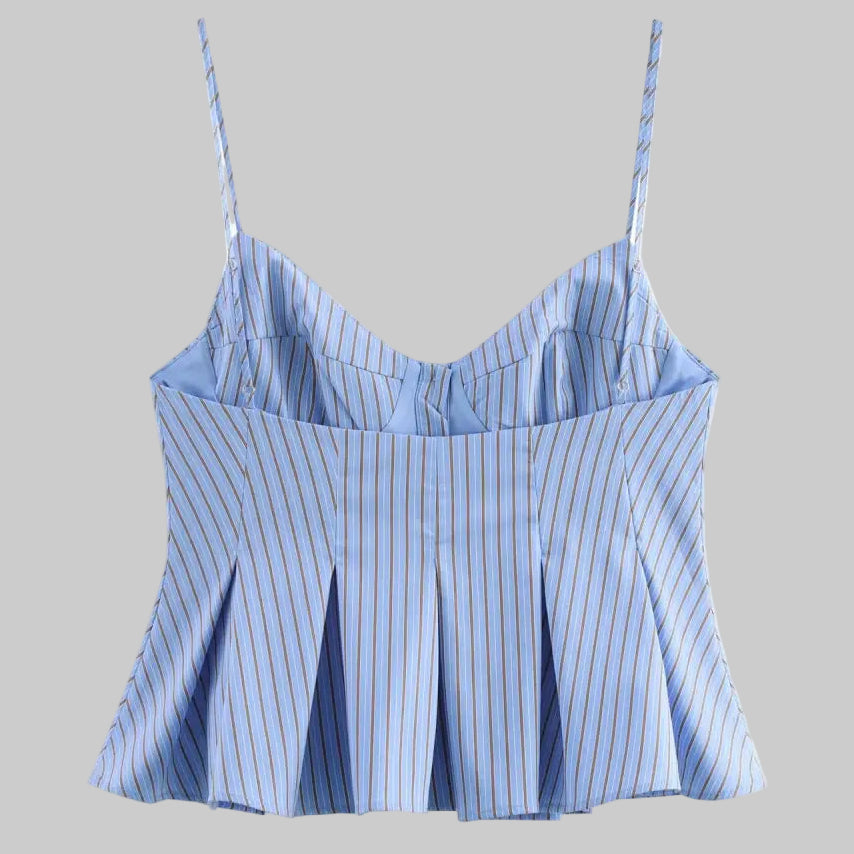 French Sweet Spicy Small Pleated Poplin Striped Spaghetti Straps Top - Tank Tops & Camis