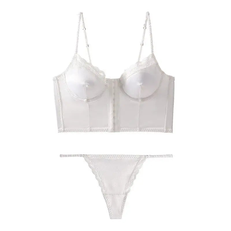 French Thin Satin Glossy Lace Edge Pure Sexy Buckled Front Shaped Bra Set - S / White Suit - Panty Sets