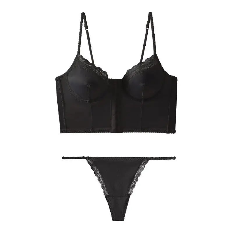 French Thin Satin Glossy Lace Edge Pure Sexy Buckled Front Shaped Bra Set - S / Black Suit - Panty Sets