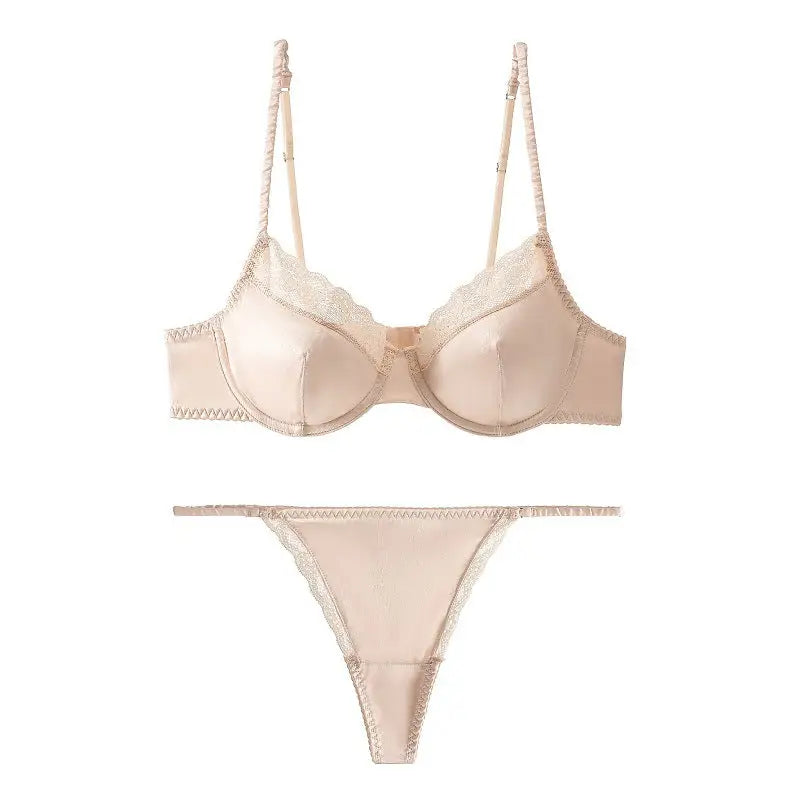 French Thin Satin Glossy Lace Edge Pure Sexy Buckled Front Shaped Bra Set - XL / Champagne Skin-1 Suit - Panty Sets