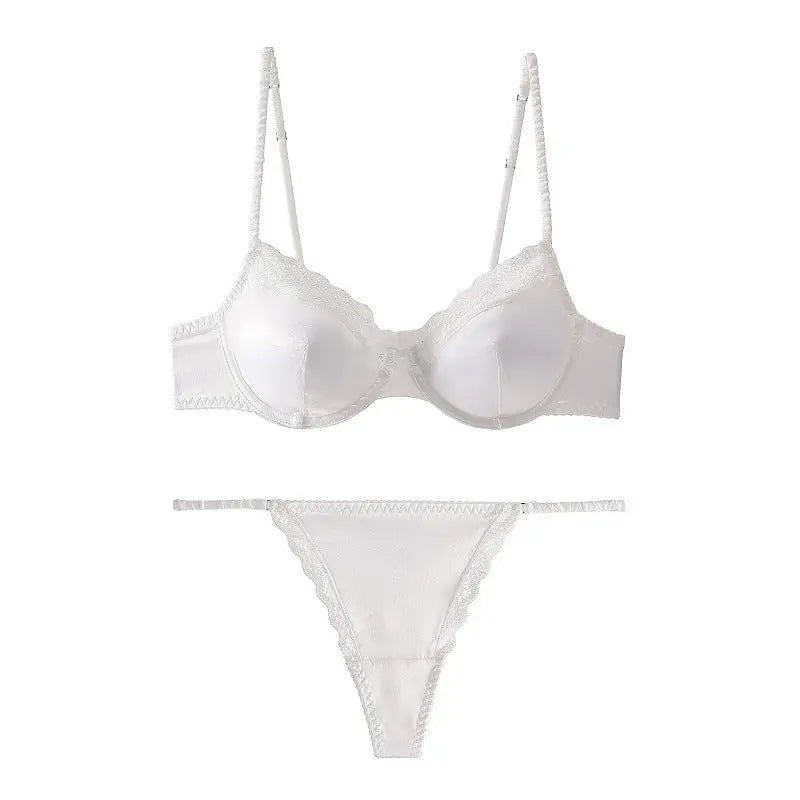 French Thin Satin Glossy Lace Edge Pure Sexy Buckled Front Shaped Bra Set - S / White-1 Suit - Panty Sets