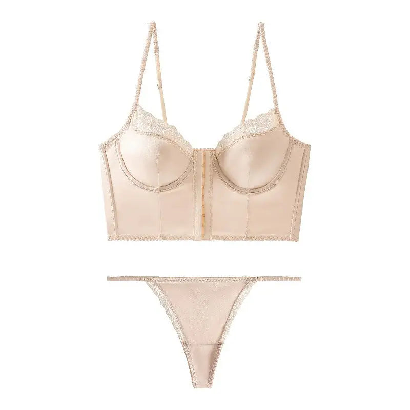 French Thin Satin Glossy Lace Edge Pure Sexy Buckled Front Shaped Bra Set - XL / Champagne Skin Suit - Panty Sets