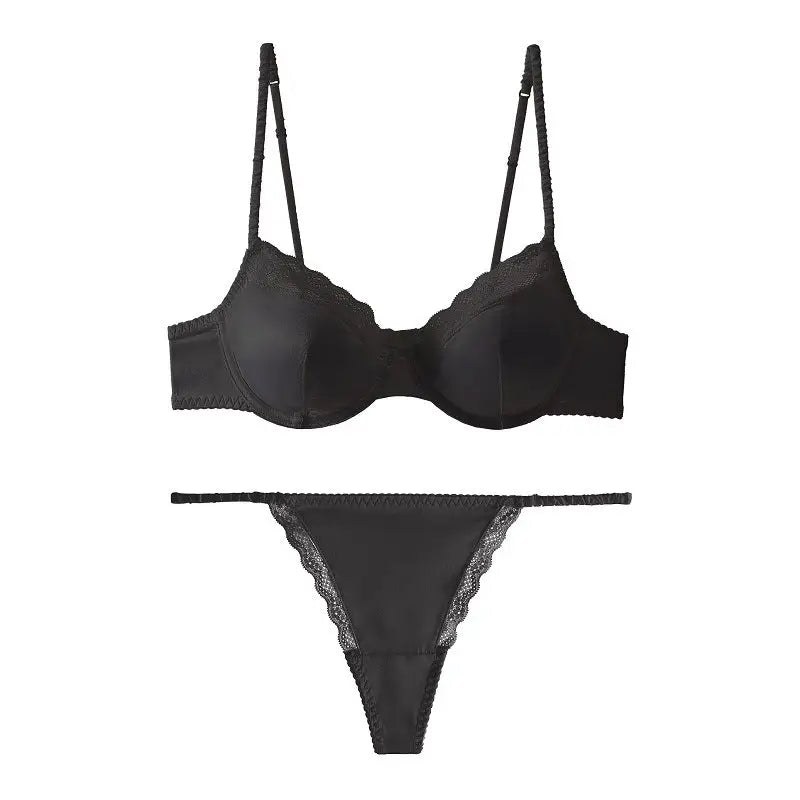 French Thin Satin Glossy Lace Edge Pure Sexy Buckled Front Shaped Bra Set - S / Black -1Suit - Panty Sets