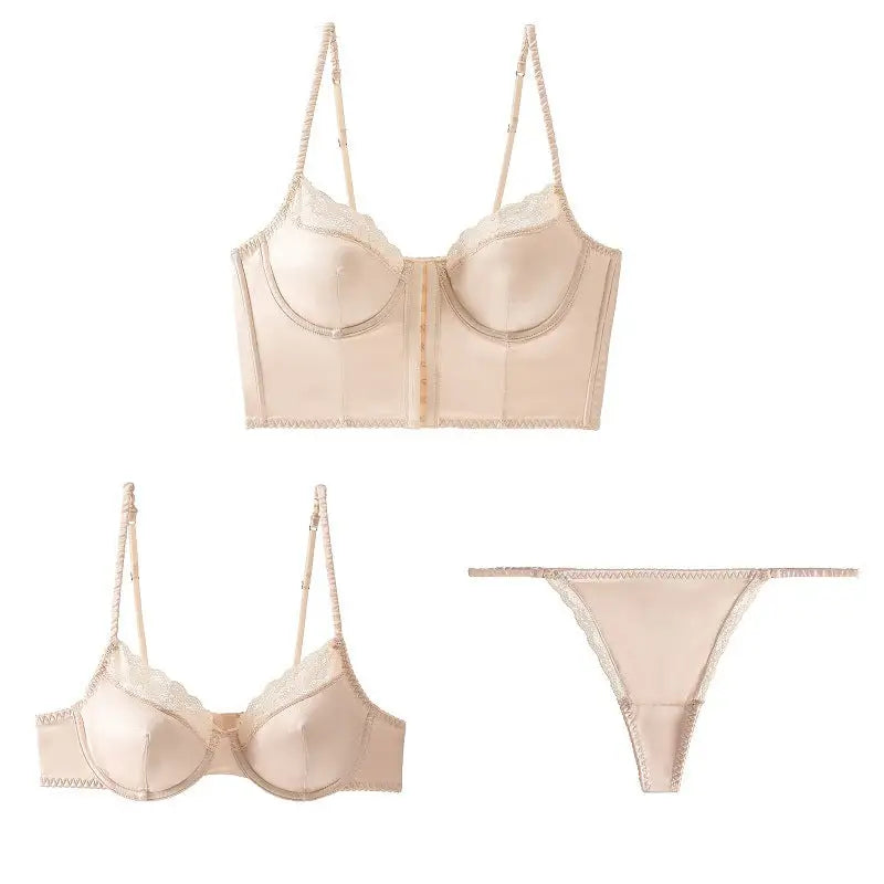 French Thin Satin Glossy Lace Edge Pure Sexy Buckled Front Shaped Bra Set - Panty Sets