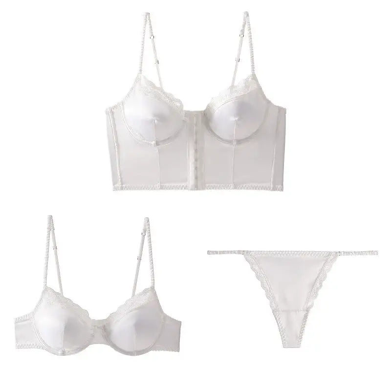 French Thin Satin Glossy Lace Edge Pure Sexy Buckled Front Shaped Bra Set - Panty Sets