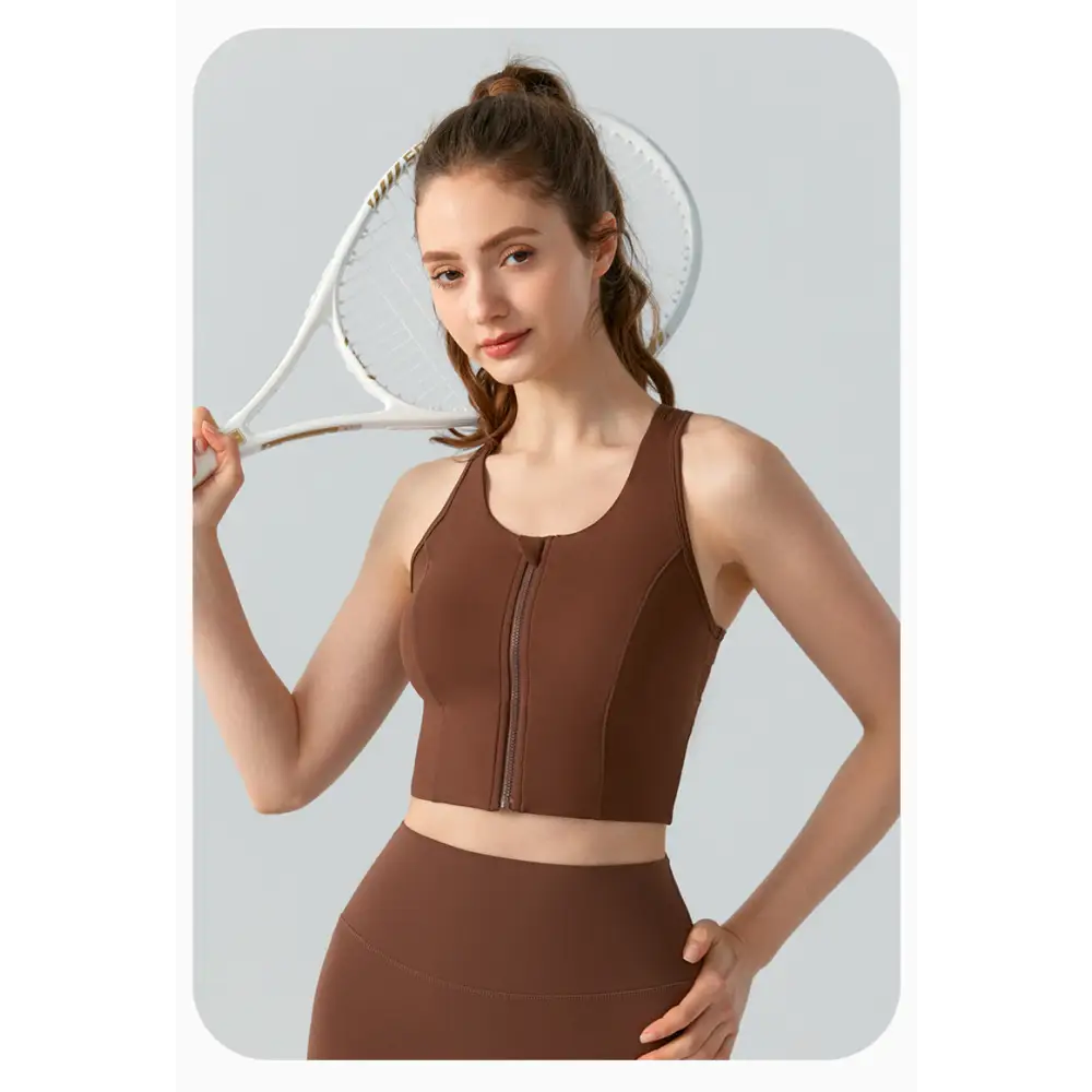 Front Zipper Sports High Strength Workout Yoga Bra - S / Chestnut - Activewear