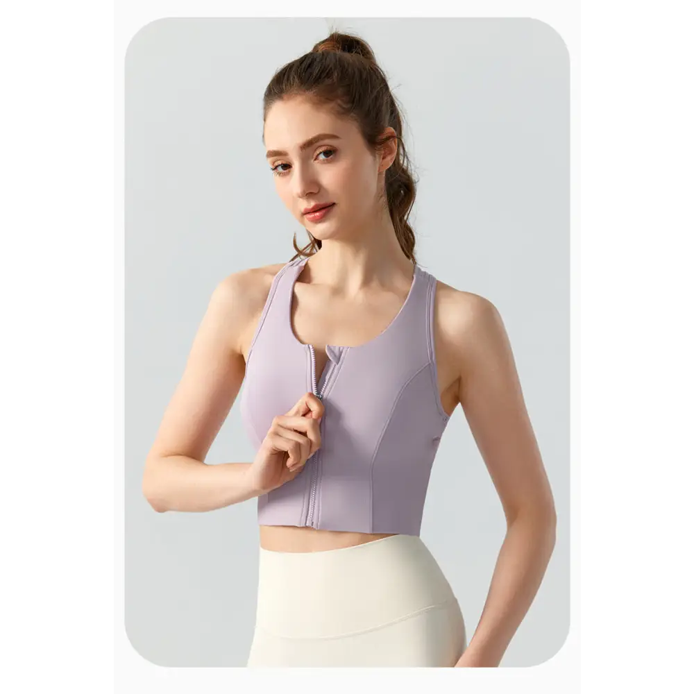 Front Zipper Sports High Strength Workout Yoga Bra - S / Lavender - Activewear