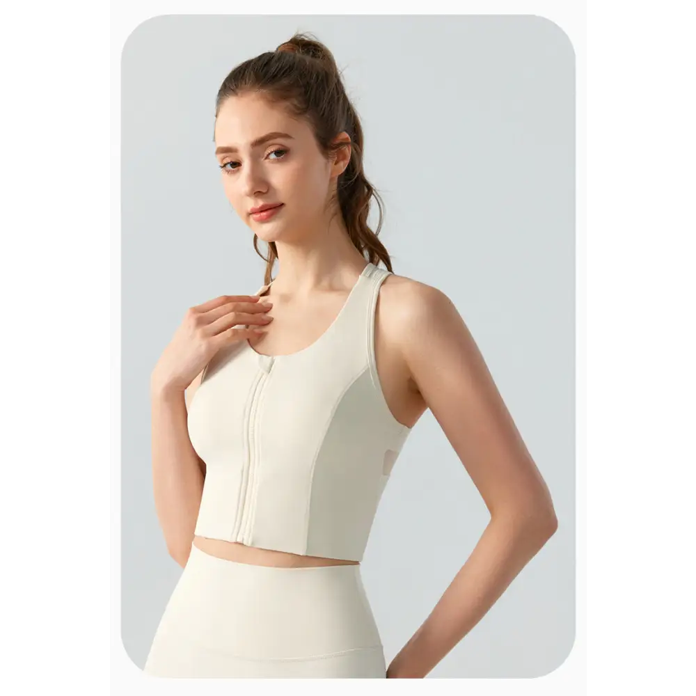 Front Zipper Sports High Strength Workout Yoga Bra - S / Light Ivory - Activewear
