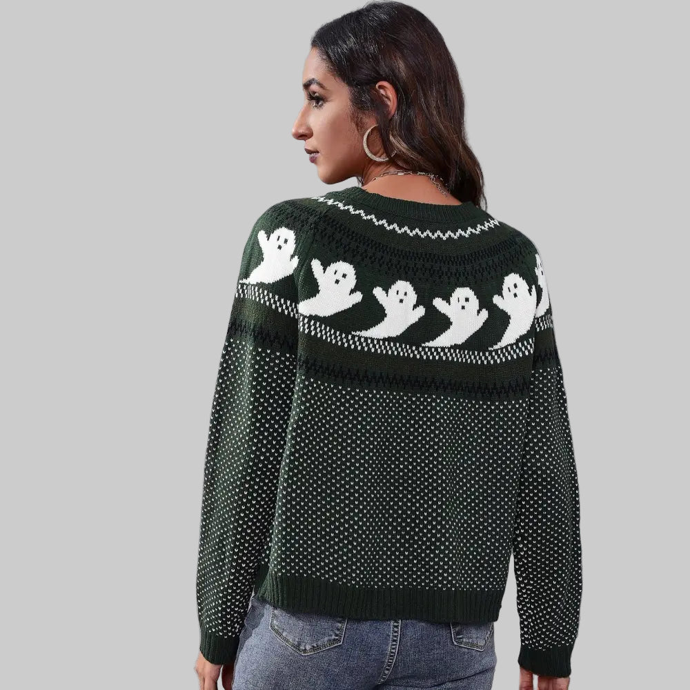 Ghost Skull Jacquard Retro Dots Long-Sleeved Knitted Sweater - S / blackish green - Sweaters & Cardigans