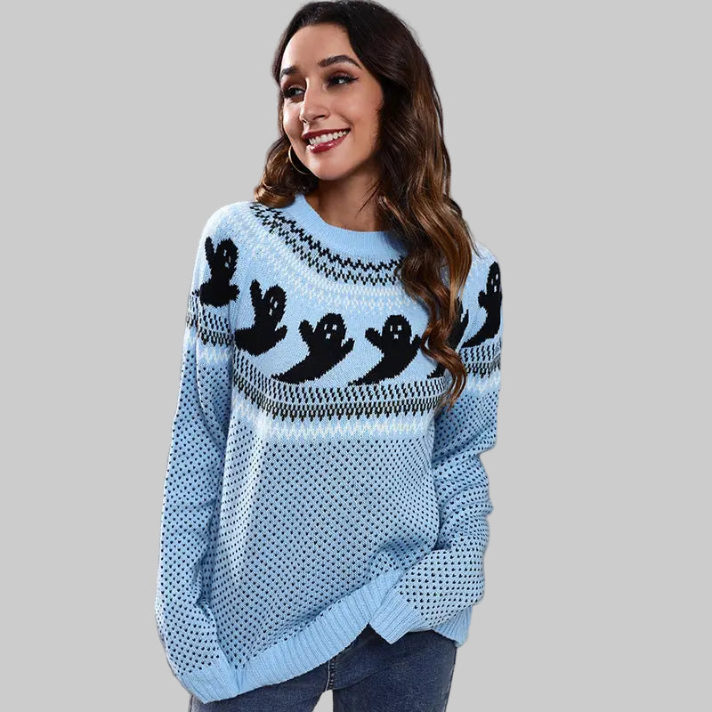 Ghost Skull Jacquard Retro Dots Long-Sleeved Knitted Sweater - S / Light Blue - Sweaters & Cardigans