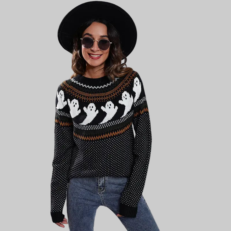 Ghost Skull Jacquard Retro Dots Long-Sleeved Knitted Sweater - S / Black - Sweaters & Cardigans