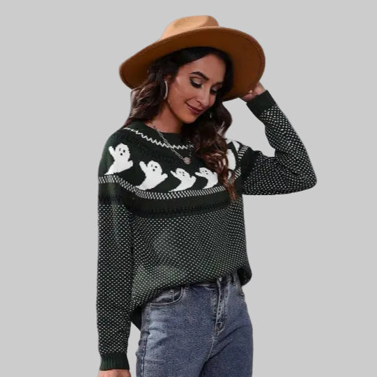 Ghost Skull Jacquard Retro Dots Long-Sleeved Knitted Sweater - Sweaters & Cardigans