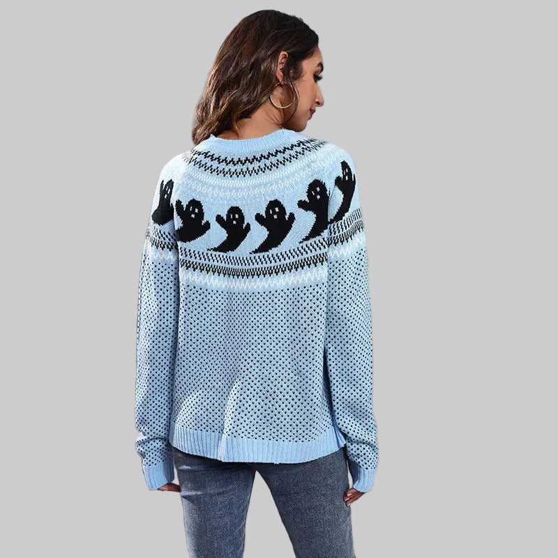 Ghost Skull Jacquard Retro Dots Long-Sleeved Knitted Sweater - Sweaters & Cardigans