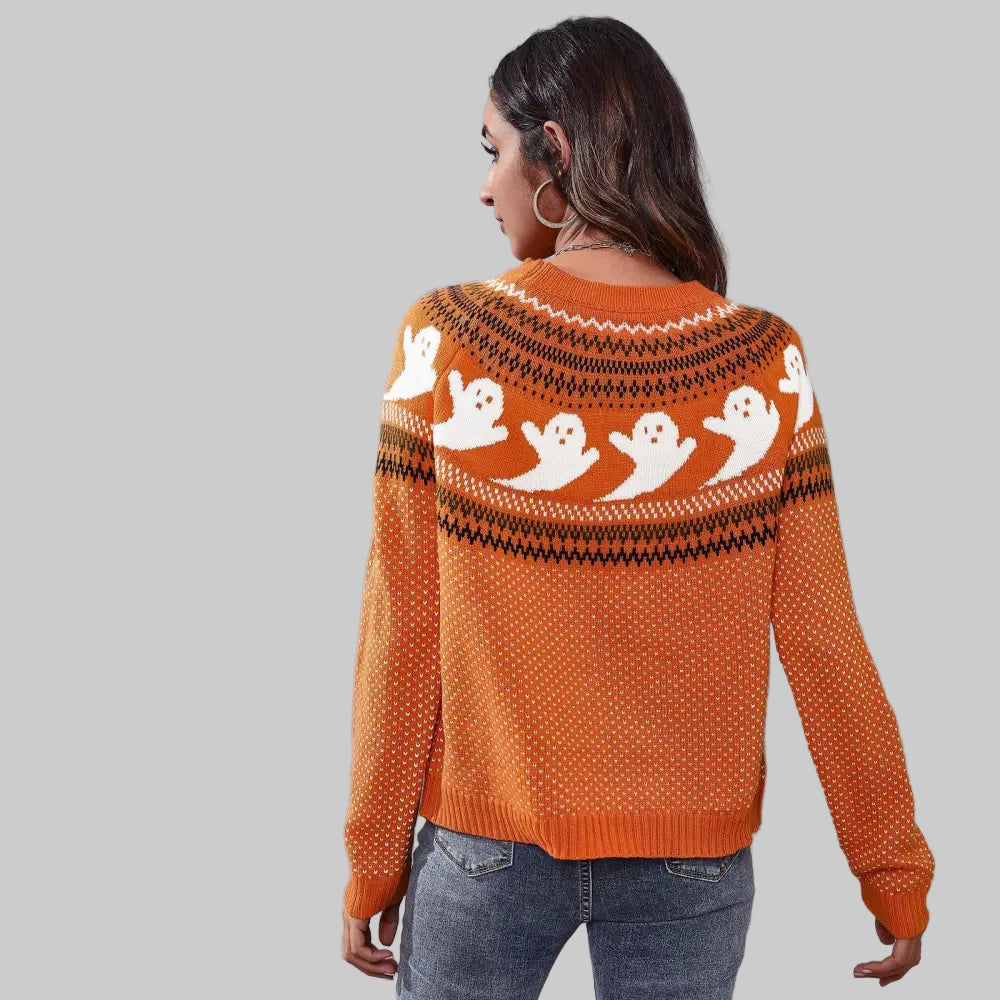 Ghost Skull Jacquard Retro Dots Long-Sleeved Knitted Sweater - Sweaters & Cardigans