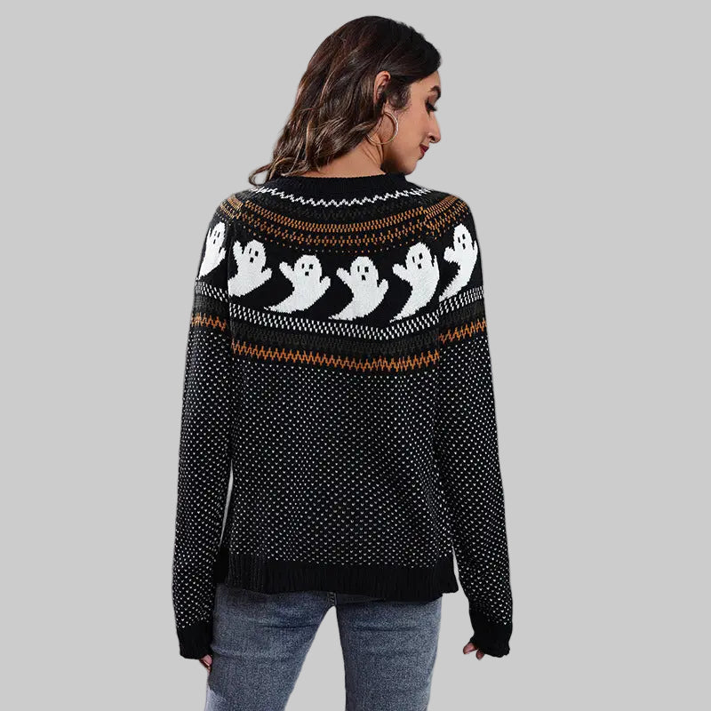 Ghost Skull Jacquard Retro Dots Long-Sleeved Knitted Sweater - Sweaters & Cardigans